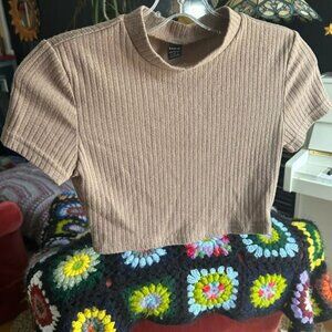 SHEIN Tan Ribbed Crop T-Shirt S